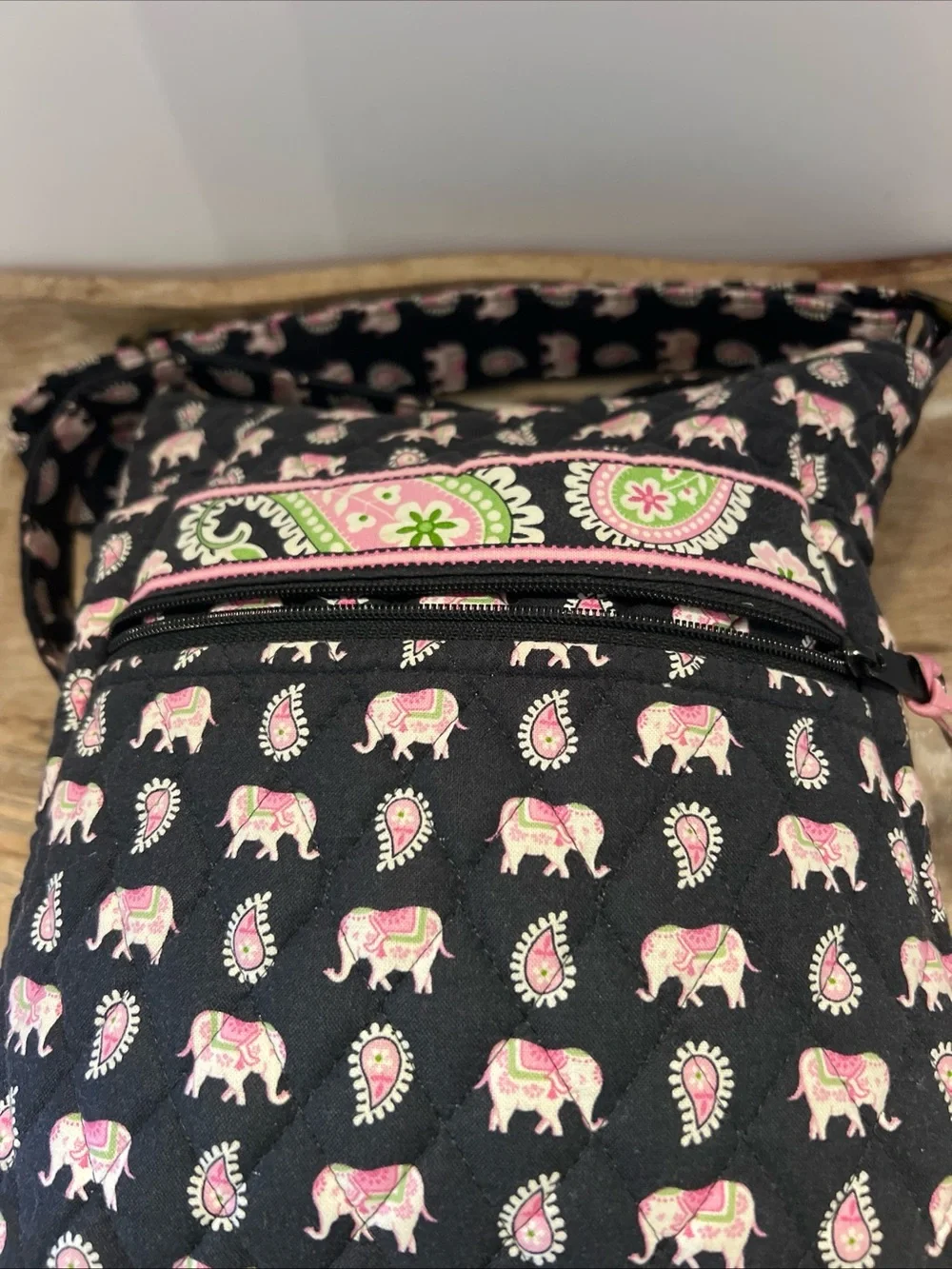 Vera Bradley Black Crossbody with Pink Paisley Elephant Print